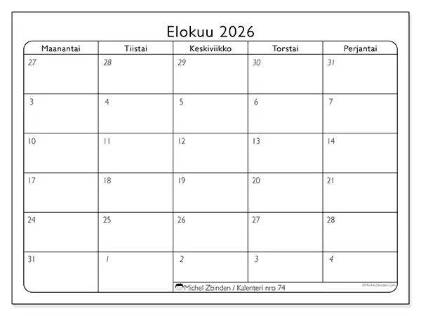 tulostettava kalenteri Elokuu 2026 - Työpäivät
