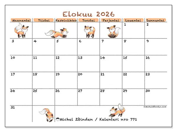 tulostettava kalenteri Elokuu 2026 - Kettukuvitus