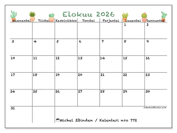 tulostettava kalenteri Elokuu 2026 - Koristeelliset kaktukset