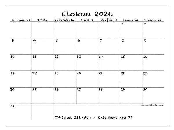 tulostettava kalenteri Elokuu 2026 - Koulu ja perhe