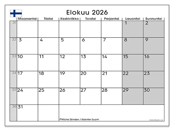 tulostettava kalenteri Elokuu 2026 - Suomi