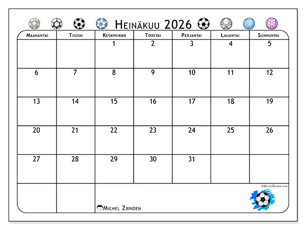 tulostettava kalenteri Heinäkuu 2026 - Jalkapallointo