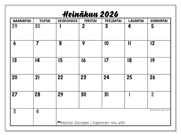 tulostettava kalenteri Heinäkuu 2026 - Yksityiskohtainen malli