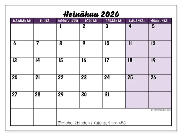 tulostettava kalenteri Heinäkuu 2026 - Värikkäät tehtävät