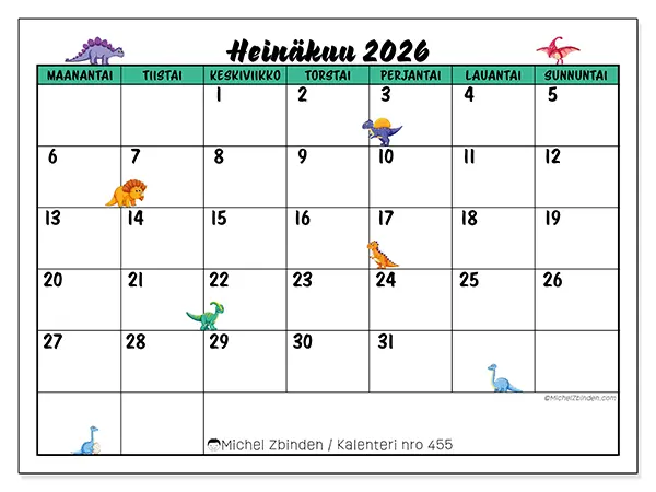 tulostettava kalenteri Heinäkuu 2026 - Pienet dinosaurukset