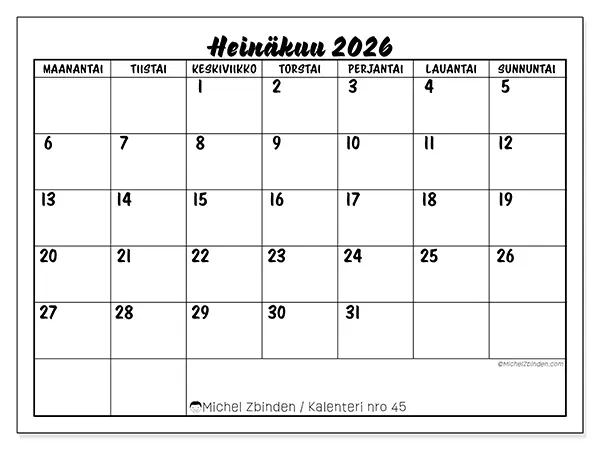 tulostettava kalenteri Heinäkuu 2026 - Koulumenestys