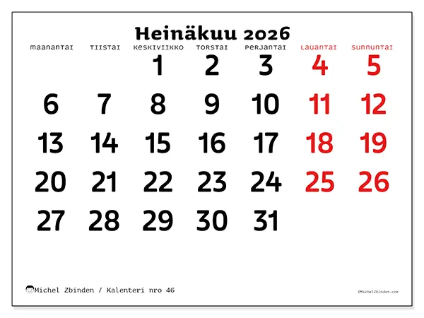 tulostettava kalenteri Heinäkuu 2026 - Selkeä näkymä