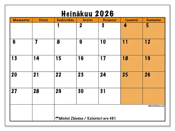 tulostettava kalenteri Heinäkuu 2026 - Dynaaminen suunnittelu