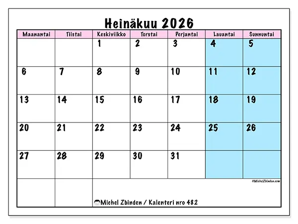 tulostettava kalenteri Heinäkuu 2026 - Tiimin aikataulu