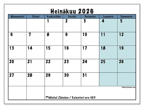 tulostettava kalenteri Heinäkuu 2026 - Koulun rakenne