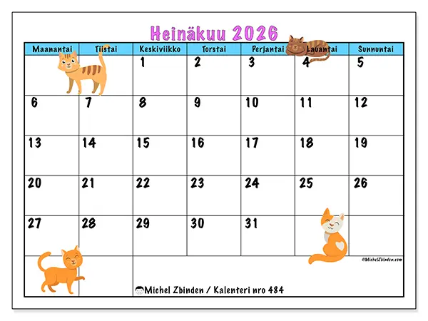 tulostettava kalenteri Heinäkuu 2026 - Rakkaus kissoihin