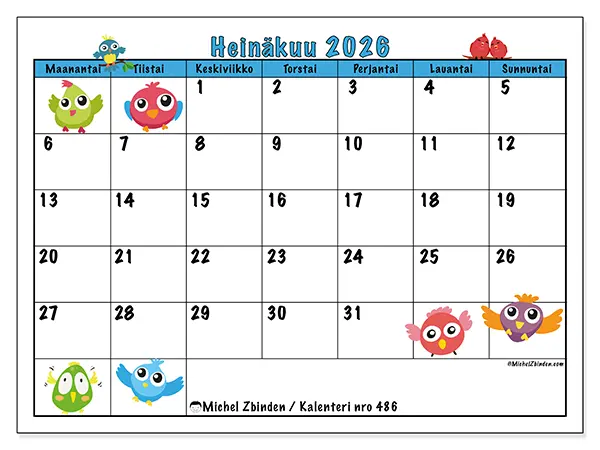 tulostettava kalenteri Heinäkuu 2026 - Linnut