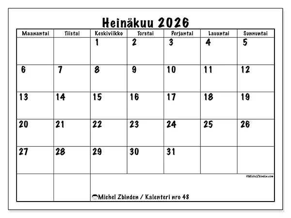 tulostettava kalenteri Heinäkuu 2026 - Arjen suunnittelu