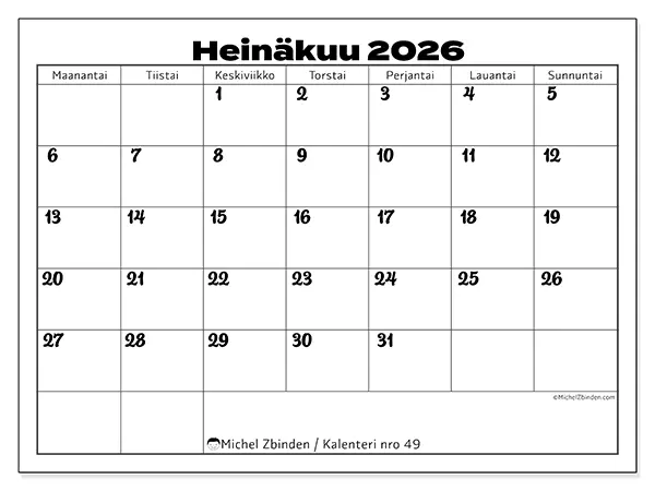 tulostettava kalenteri Heinäkuu 2026 - Työn koordinointi