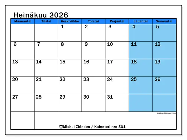 tulostettava kalenteri Heinäkuu 2026 - Dynaaminen opiskelu