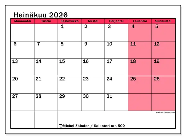 tulostettava kalenteri Heinäkuu 2026 - Valoisa hallinta