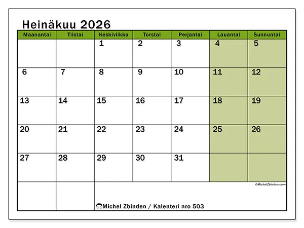 tulostettava kalenteri Heinäkuu 2026 - Luonnon sävyt