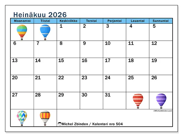 tulostettava kalenteri Heinäkuu 2026 - Kuumailmapallot