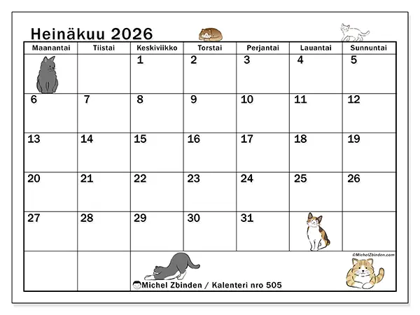 tulostettava kalenteri Heinäkuu 2026 - Kissan elämä