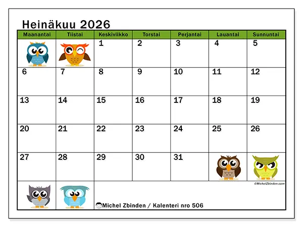 tulostettava kalenteri Heinäkuu 2026 - Pöllöt