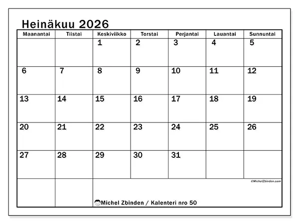 tulostettava kalenteri Heinäkuu 2026