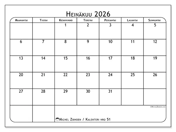 tulostettava kalenteri Heinäkuu 2026 - Ateriasuunnittelija