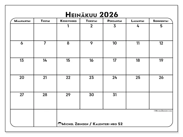 tulostettava kalenteri Heinäkuu 2026 - Työn suunnittelu