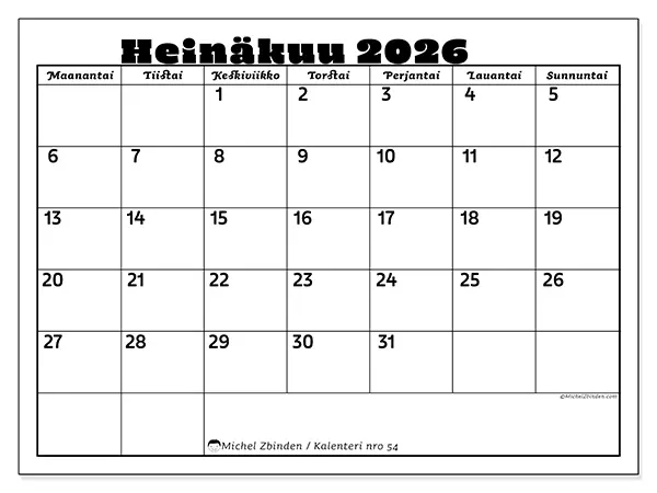 tulostettava kalenteri Heinäkuu 2026 - Perheaktiviteetit