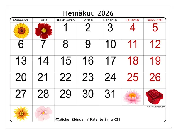 tulostettava kalenteri Heinäkuu 2026 - Suuret kukat