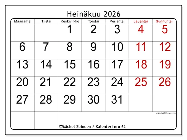 tulostettava kalenteri Heinäkuu 2026 - Nopea yleiskuva