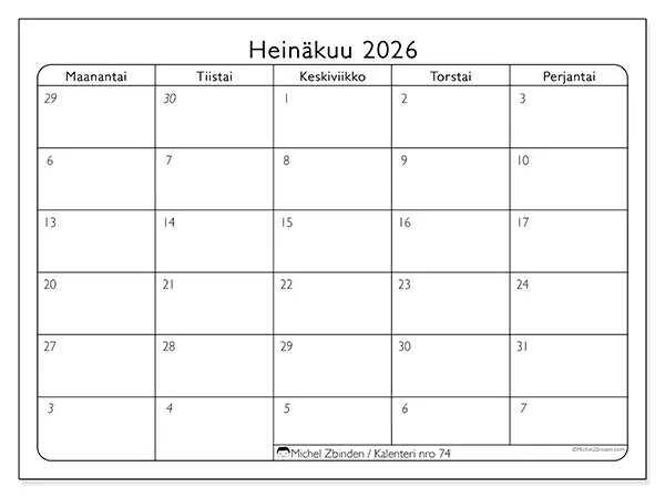 tulostettava kalenteri Heinäkuu 2026 - Työpäivät