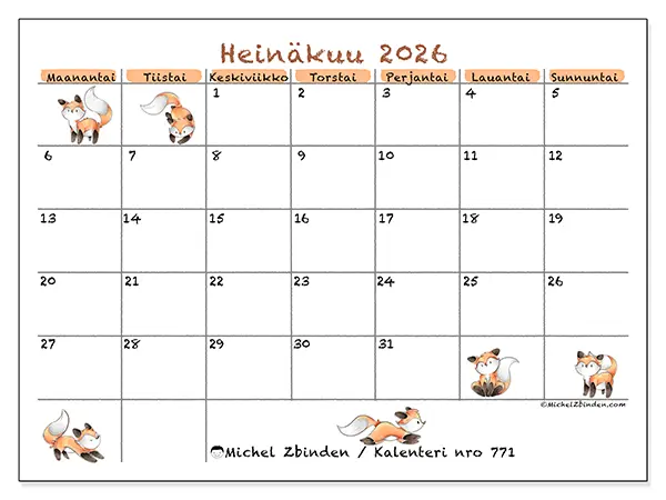 tulostettava kalenteri Heinäkuu 2026 - Kettukuvitus