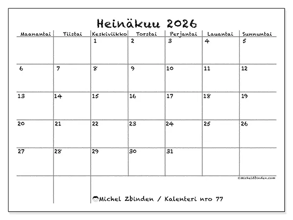 tulostettava kalenteri Heinäkuu 2026 - Koulu ja perhe