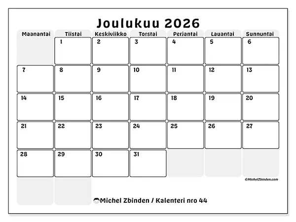 tulostettava kalenteri Joulukuu 2026 - Rakenteinen suunnittelu
