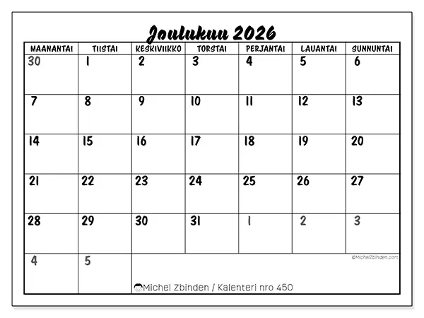tulostettava kalenteri Joulukuu 2026 - Yksityiskohtainen malli