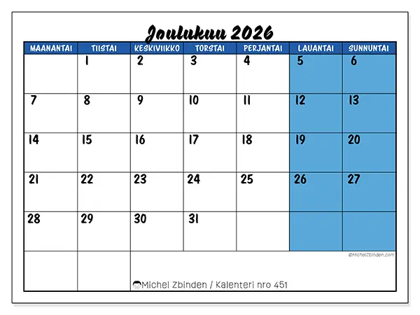 tulostettava kalenteri Joulukuu 2026 - Sininen yleiskuva
