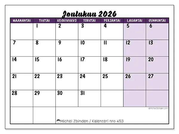 tulostettava kalenteri Joulukuu 2026 - Värikkäät tehtävät