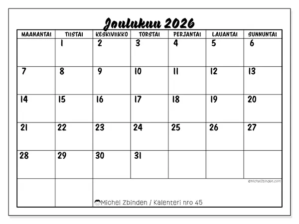 tulostettava kalenteri Joulukuu 2026 - Koulumenestys