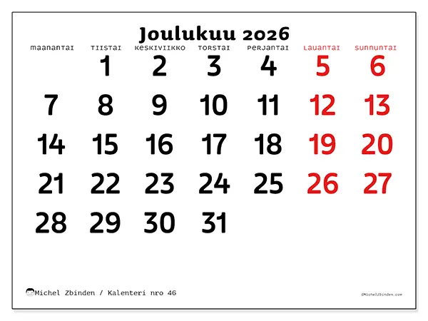 tulostettava kalenteri Joulukuu 2026 - Selkeä näkymä