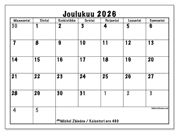 tulostettava kalenteri Joulukuu 2026 - Kattava suunnittelu