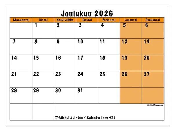tulostettava kalenteri Joulukuu 2026 - Dynaaminen suunnittelu