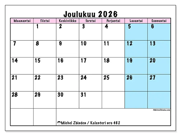 tulostettava kalenteri Joulukuu 2026 - Tiimin aikataulu
