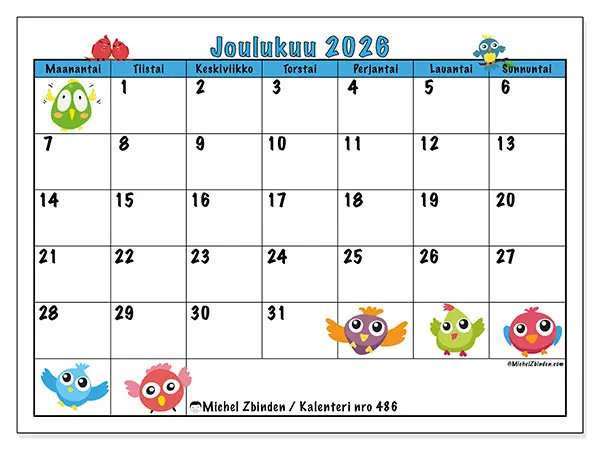 tulostettava kalenteri Joulukuu 2026 - Linnut