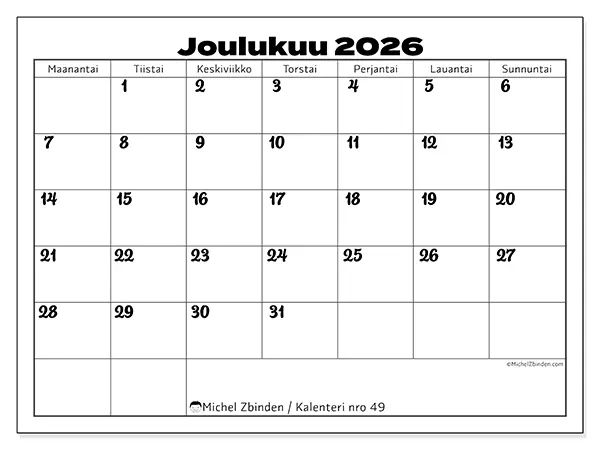 tulostettava kalenteri Joulukuu 2026 - Työn koordinointi