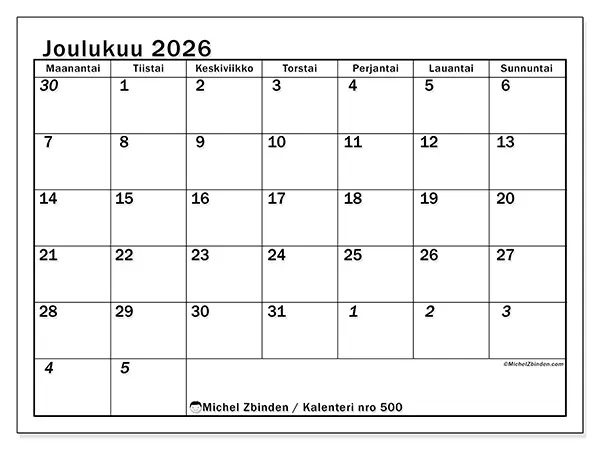 tulostettava kalenteri Joulukuu 2026 - Intensiivinen suunnittelu