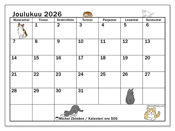 tulostettava kalenteri Joulukuu 2026 - Kissan elämä