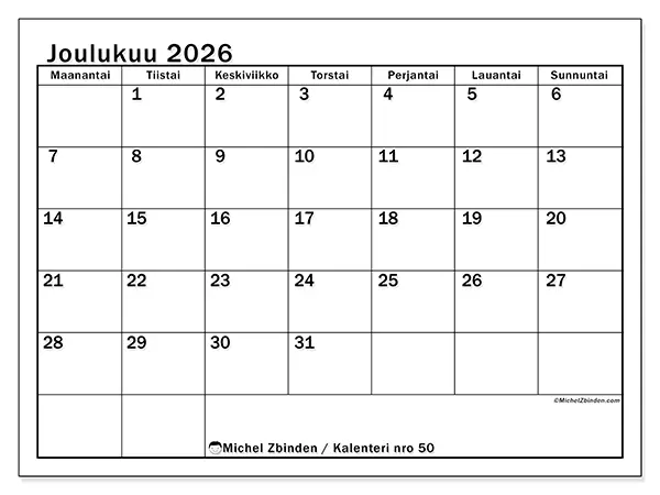 tulostettava kalenteri Joulukuu 2026 - Selkeä kuukausisuunnittelu