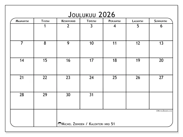 tulostettava kalenteri Joulukuu 2026 - Ateriasuunnittelija
