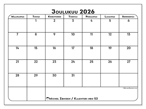 tulostettava kalenteri Joulukuu 2026 - Työn suunnittelu