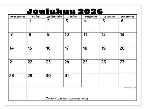 tulostettava kalenteri Joulukuu 2026 - Perheaktiviteetit